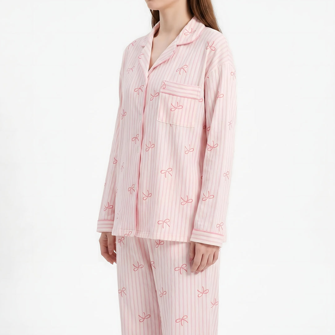 Long Sleeve Pyjamas for Women — Violet, Pink Bow Stripe