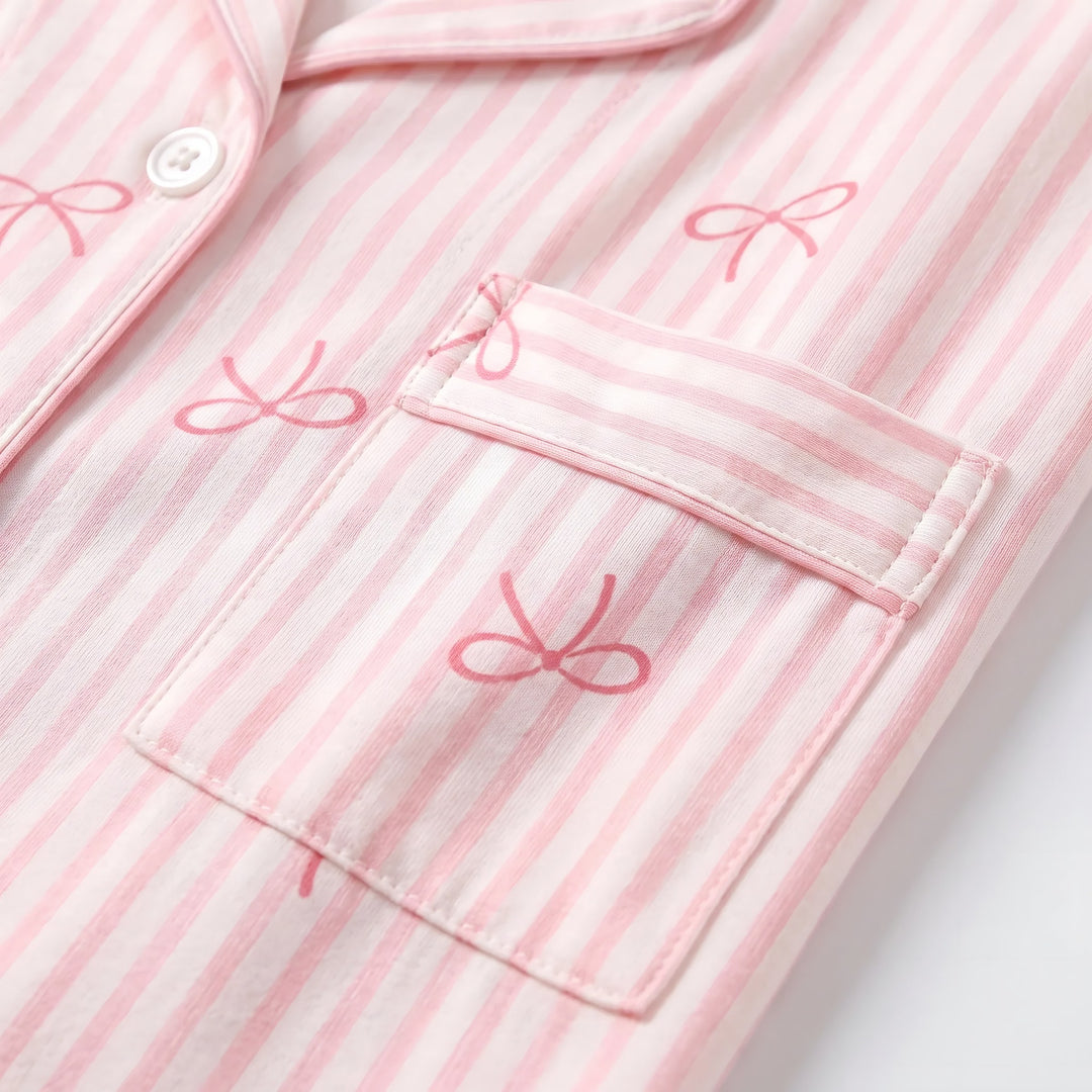 Long Sleeve Pyjamas for Women — Violet, Pink Bow Stripe