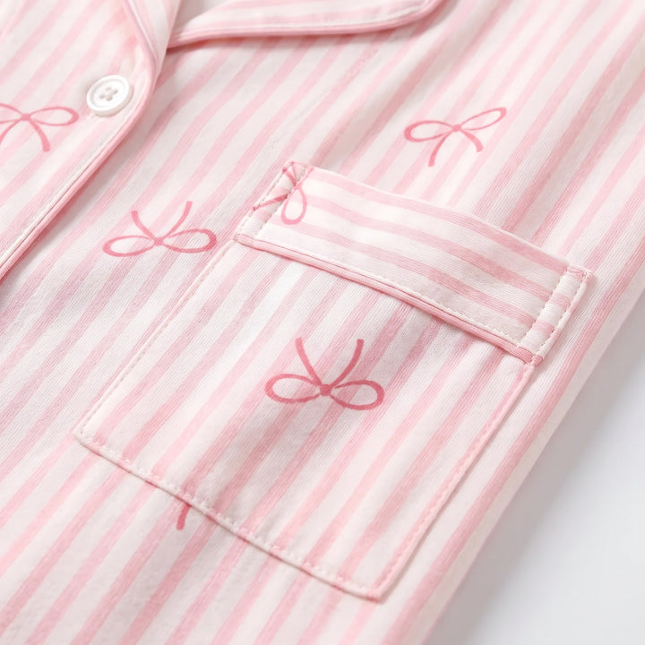Long Sleeve Pyjamas for Women — Violet, Pink Bow Stripe