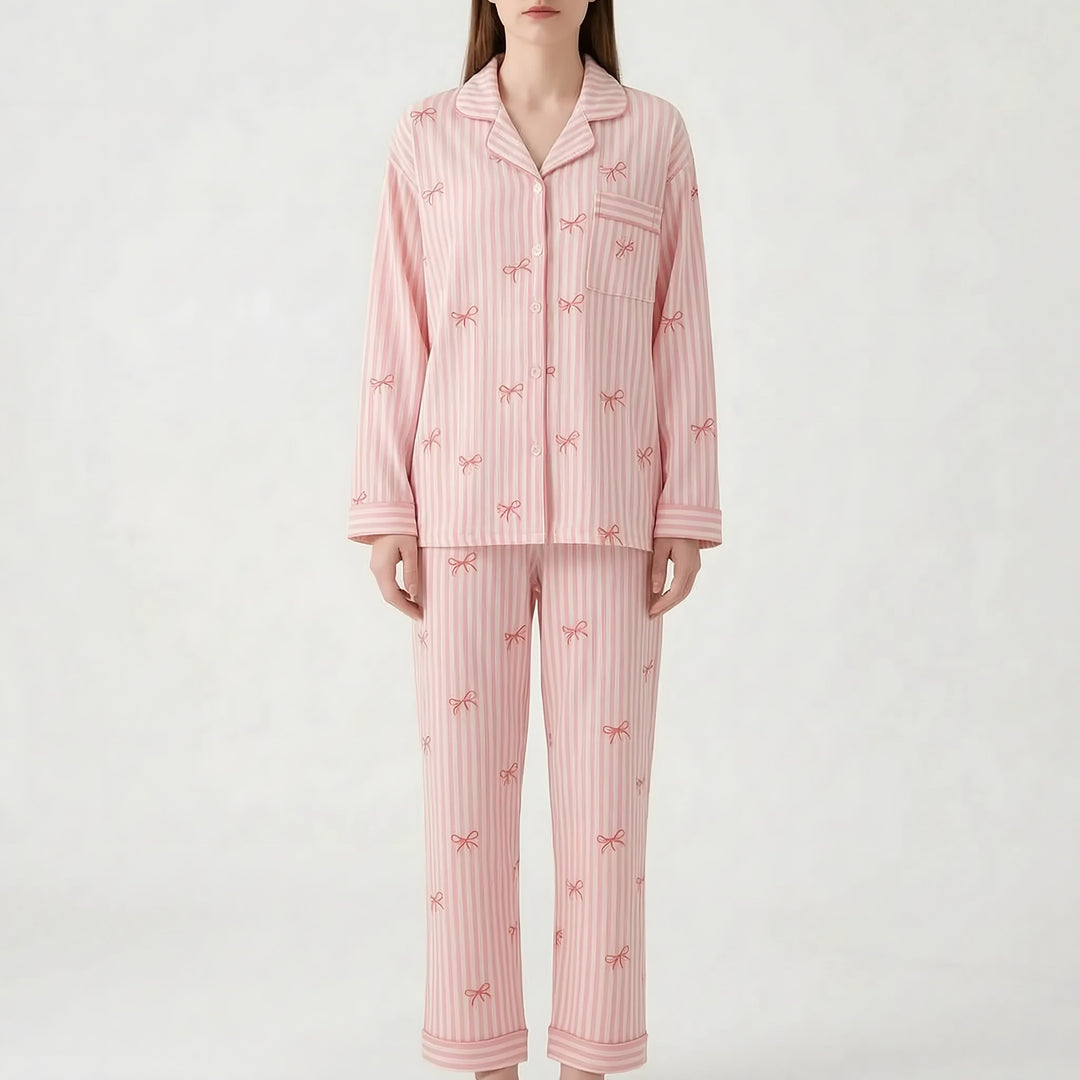 Long Sleeve Pyjamas for Women — Violet, Pink Bow Stripe
