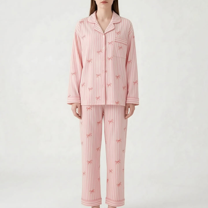 Long Sleeve Pyjamas for Women — Violet, Pink Bow Stripe
