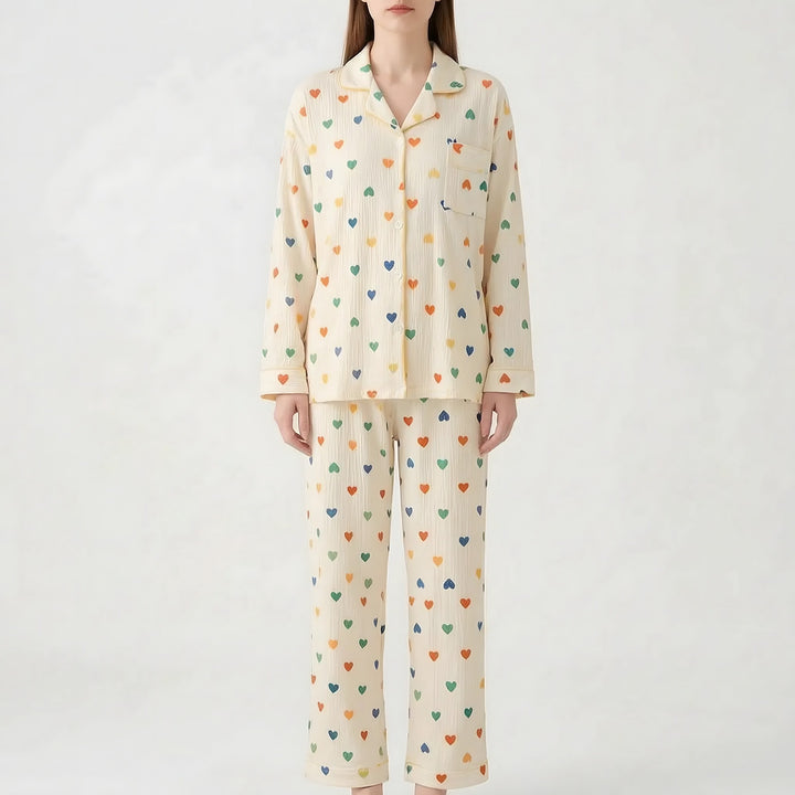 Long Sleeve Pyjamas for Women — Violet, Cream Heart
