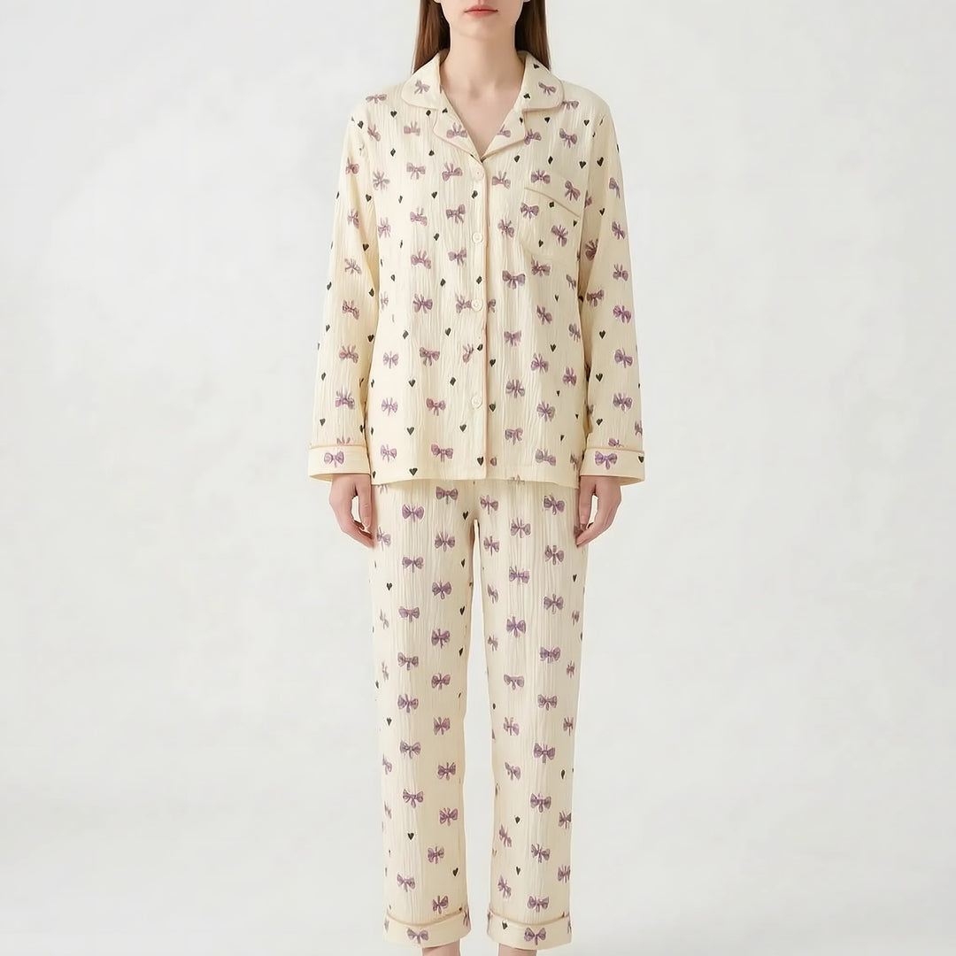 Long Sleeve Pyjamas for Women — Violet, Cream Bow