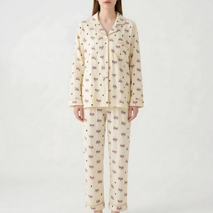 Long Sleeve Pyjamas for Women — Violet, Cream Bow