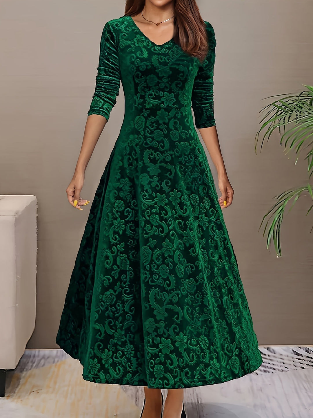 Winifred — Burnout Velvet Long Sleeve Dress for Women, Moraine Fashion