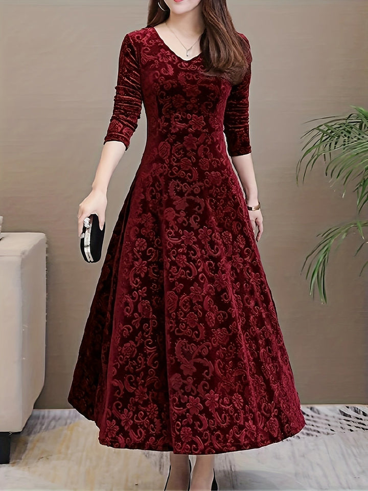 Winifred — Burnout Velvet Long Sleeve Dress for Women, Moraine Fashion