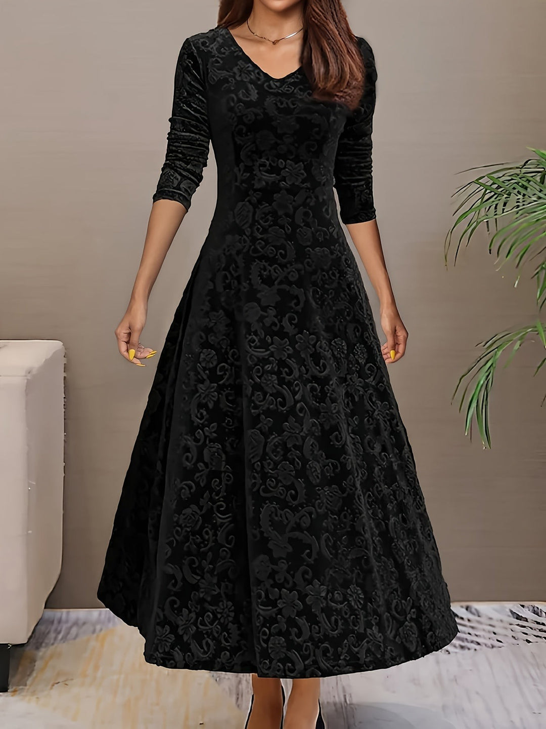 Winifred — Burnout Velvet Long Sleeve Dress for Women, Moraine Fashion