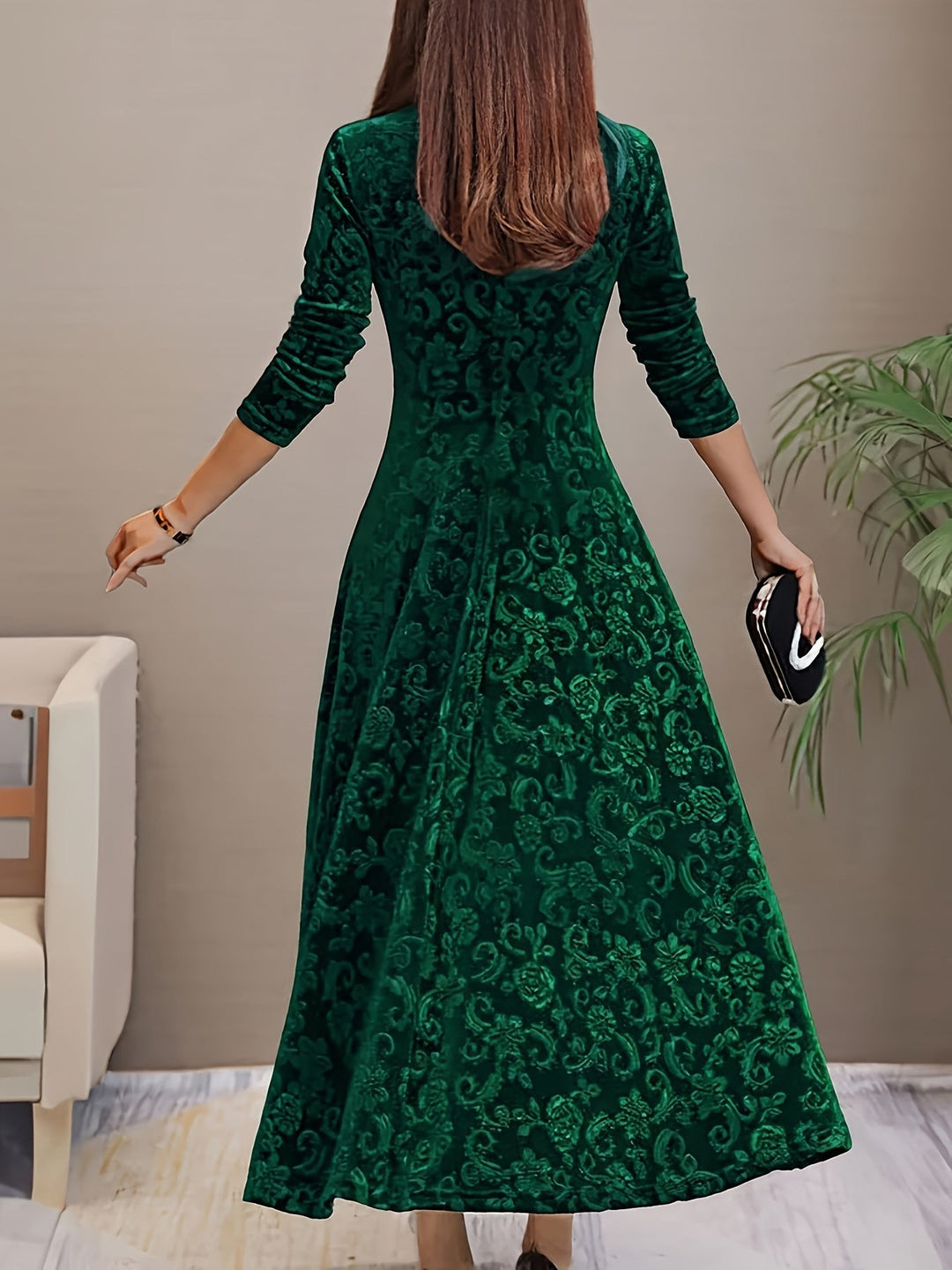 Winifred — Burnout Velvet Long Sleeve Dress for Women, Moraine Fashion