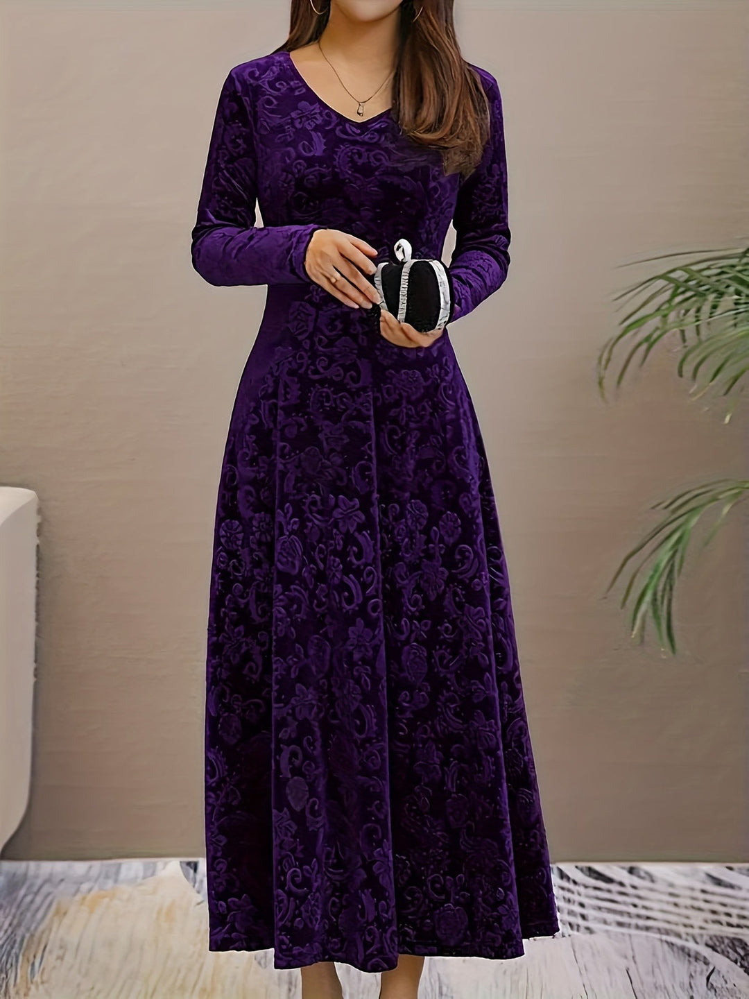 Winifred — Burnout Velvet Long Sleeve Dress for Women, Moraine Fashion