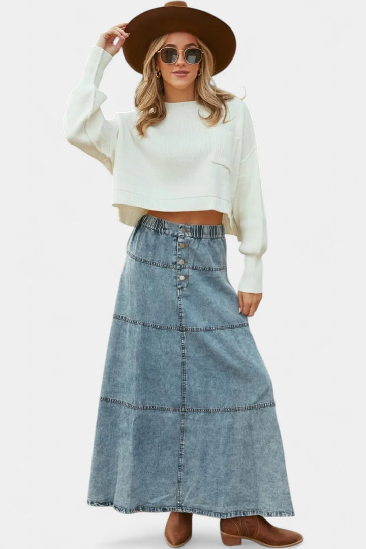 Long Denim Skirt with Button Front