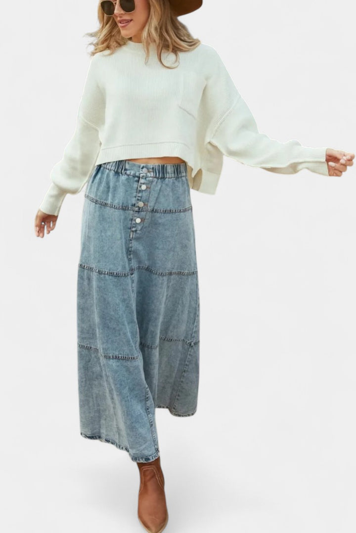 Long Denim Skirt with Button Front