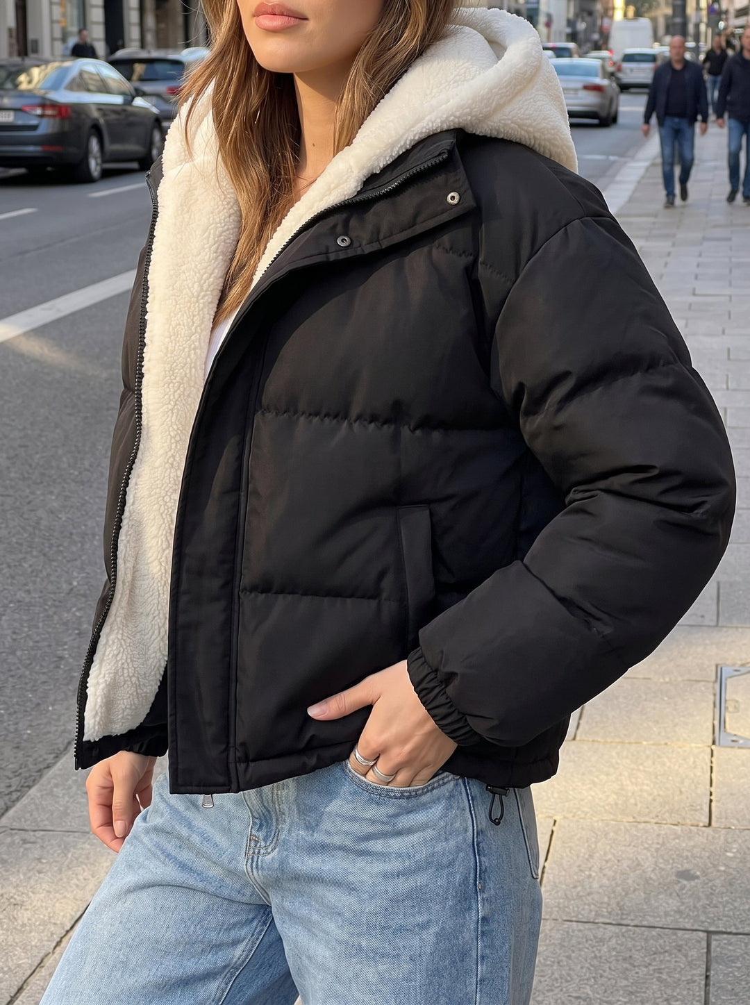 Fleece lined hooded puffer jacket for women