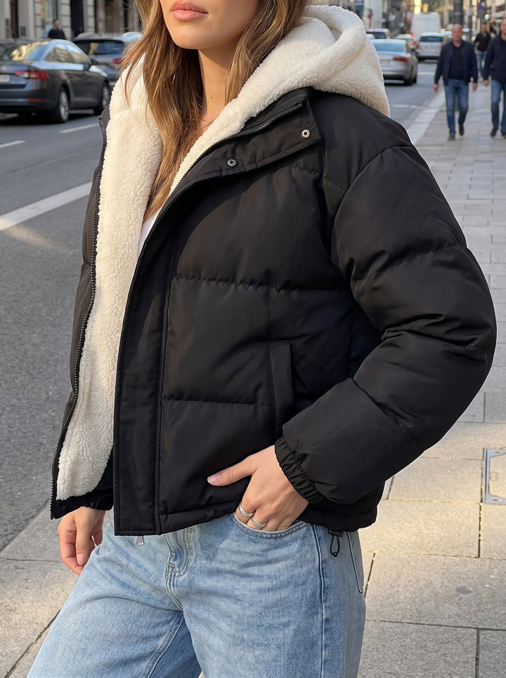 Fleece lined hooded puffer jacket for women