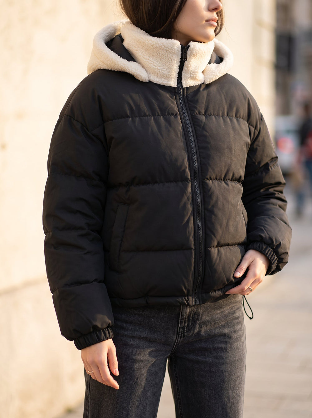 Fleece lined hooded puffer jacket for women