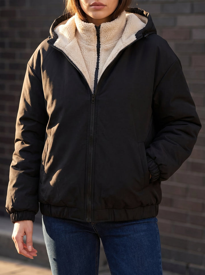 Fleece lined hooded puffer jacket for women