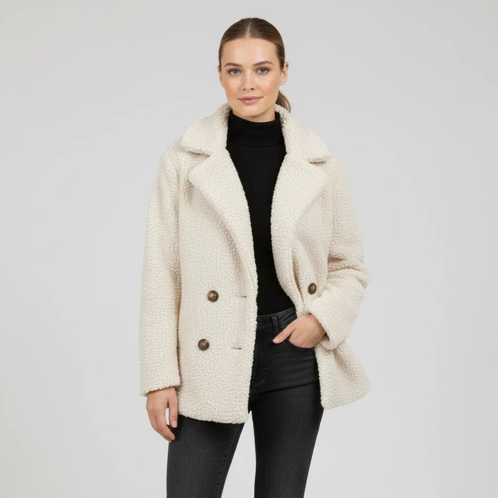 Borg Pea Coat with Notch Lapel for women — view 12 — Moraine Fashion