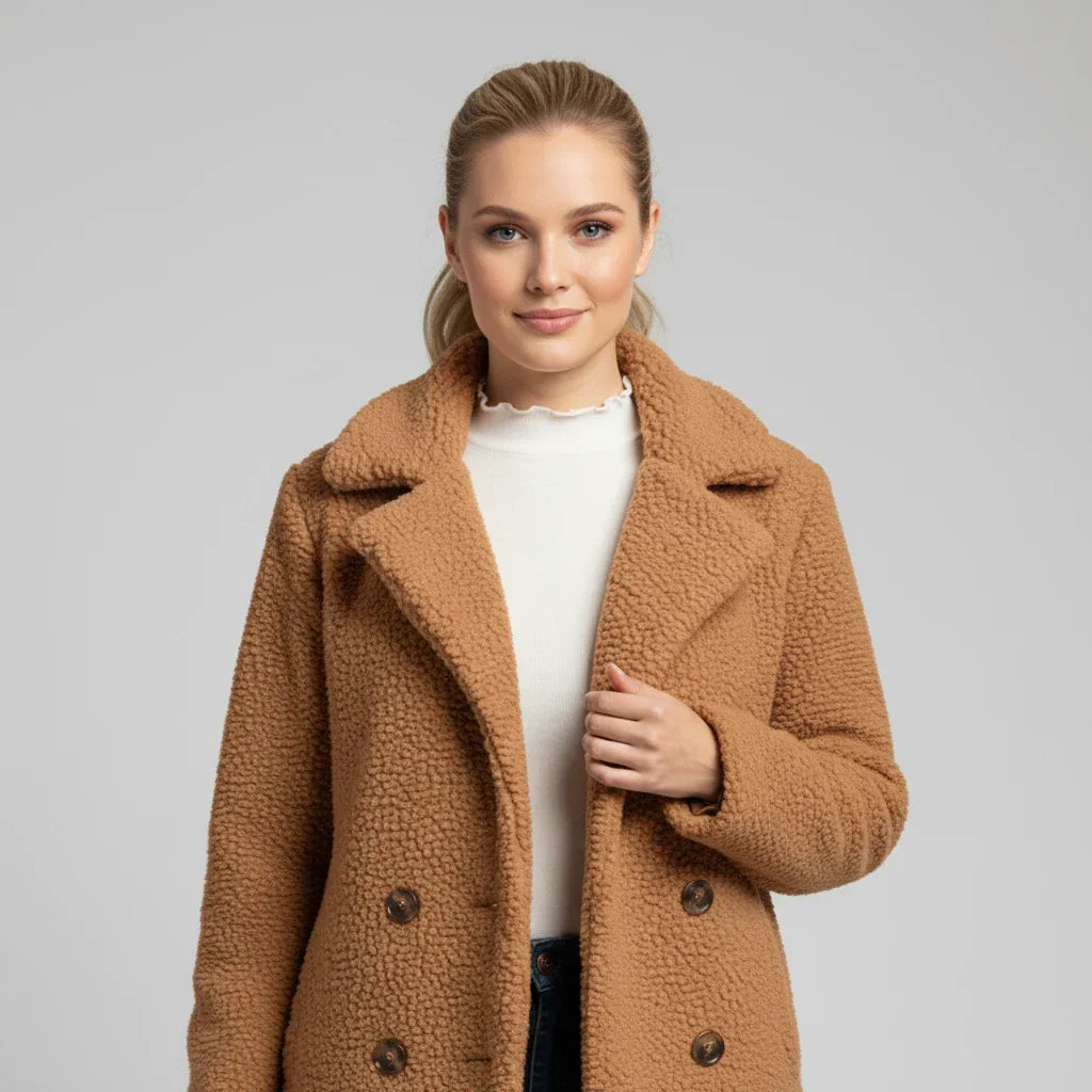 Borg Pea Coat with Notch Lapel for women — view 4 — Moraine Fashion