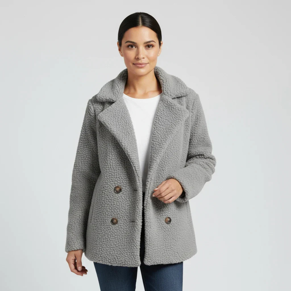 Borg Pea Coat with Notch Lapel for women — view 7 — Moraine Fashion