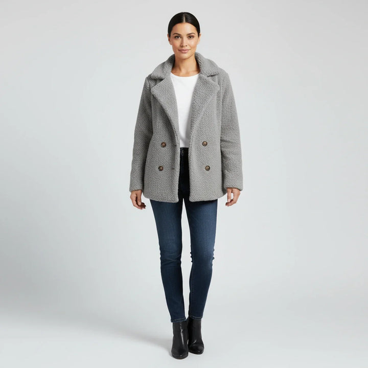 Borg Pea Coat with Notch Lapel for women — view 9 — Moraine Fashion