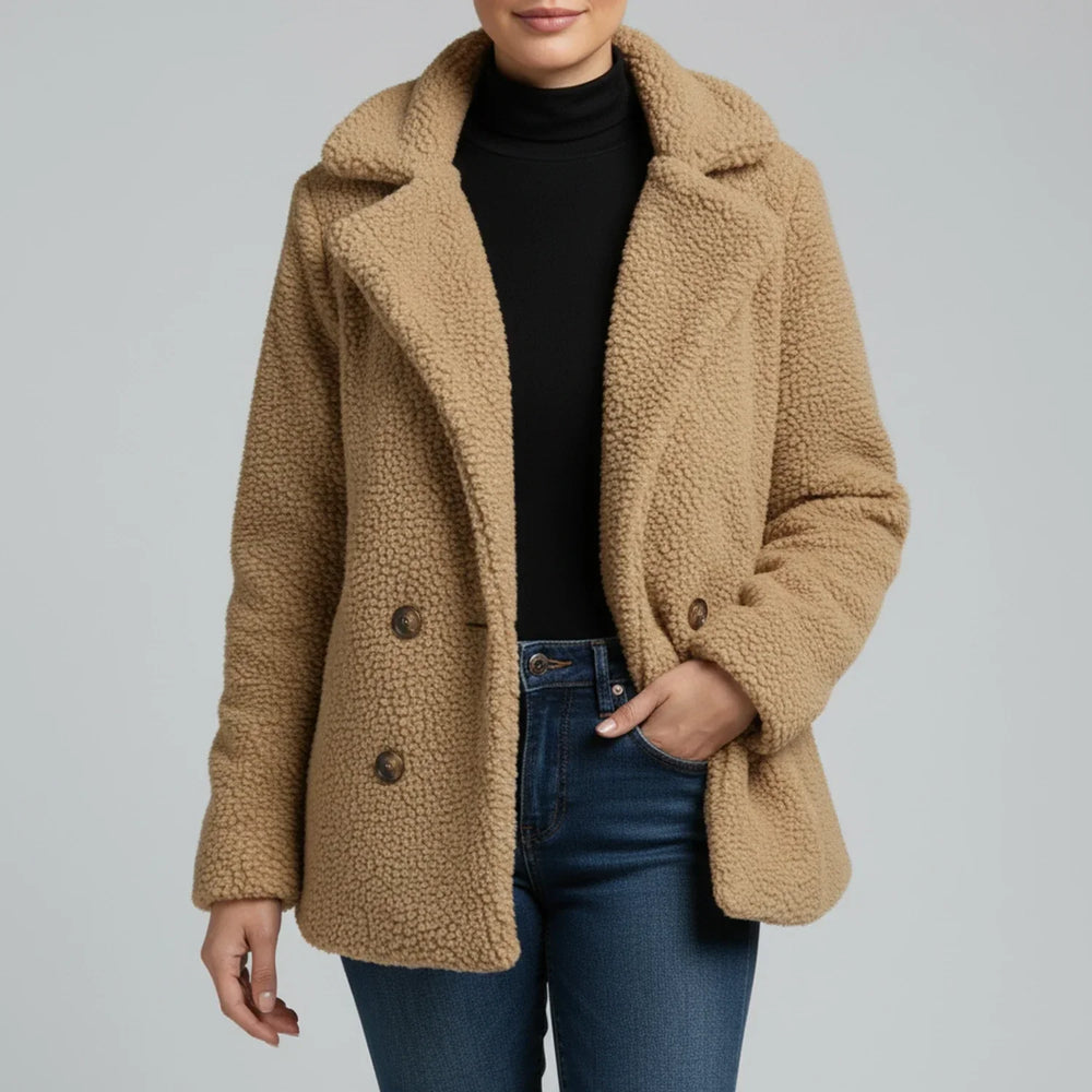 Borg Pea Coat with Notch Lapel for women — view 2 — Moraine Fashion