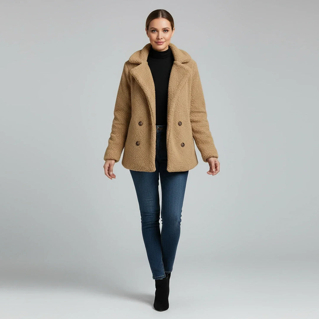 Borg Pea Coat with Notch Lapel for women — view 3 — Moraine Fashion