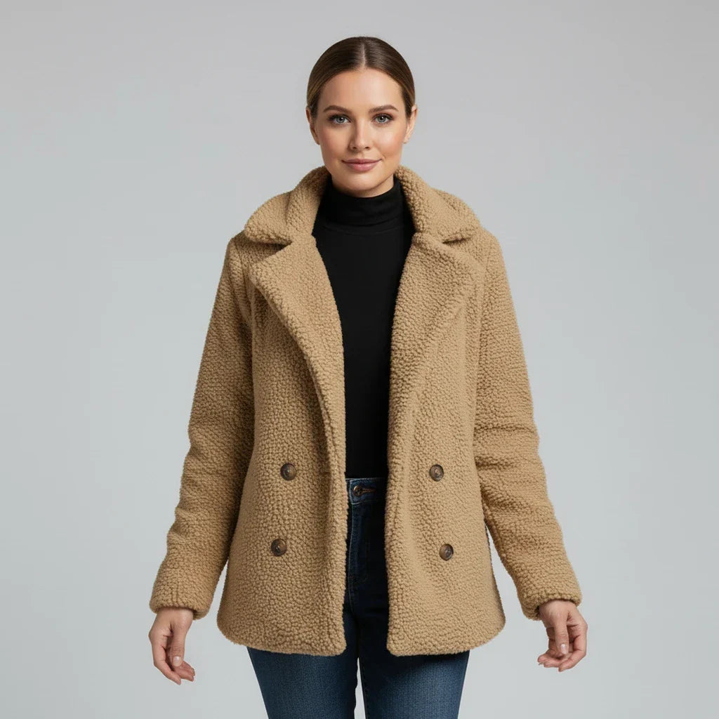 Borg Pea Coat with Notch Lapel for women — Moraine Fashion