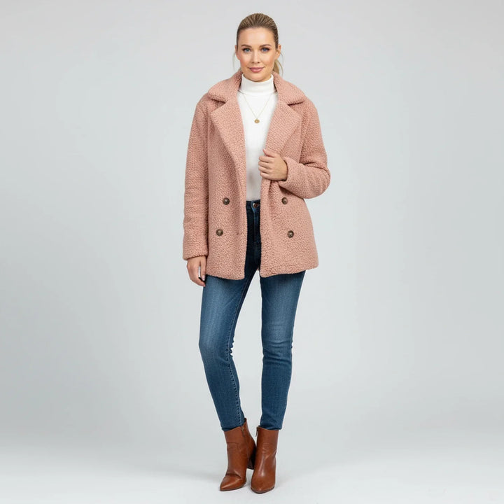 Borg Pea Coat with Notch Lapel for women — view 11 — Moraine Fashion